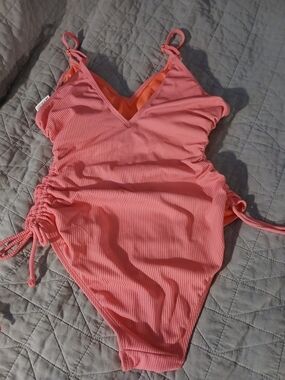 Others Follow Pink Ribbed One-Piece Swimsuit with Adjustable Side Ties